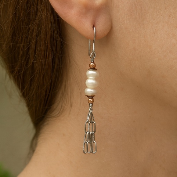 Handmade Freshwater Pearl & Stainless Dangle Tassel Earrings w/ Copper Accents - Picture 6 of 8